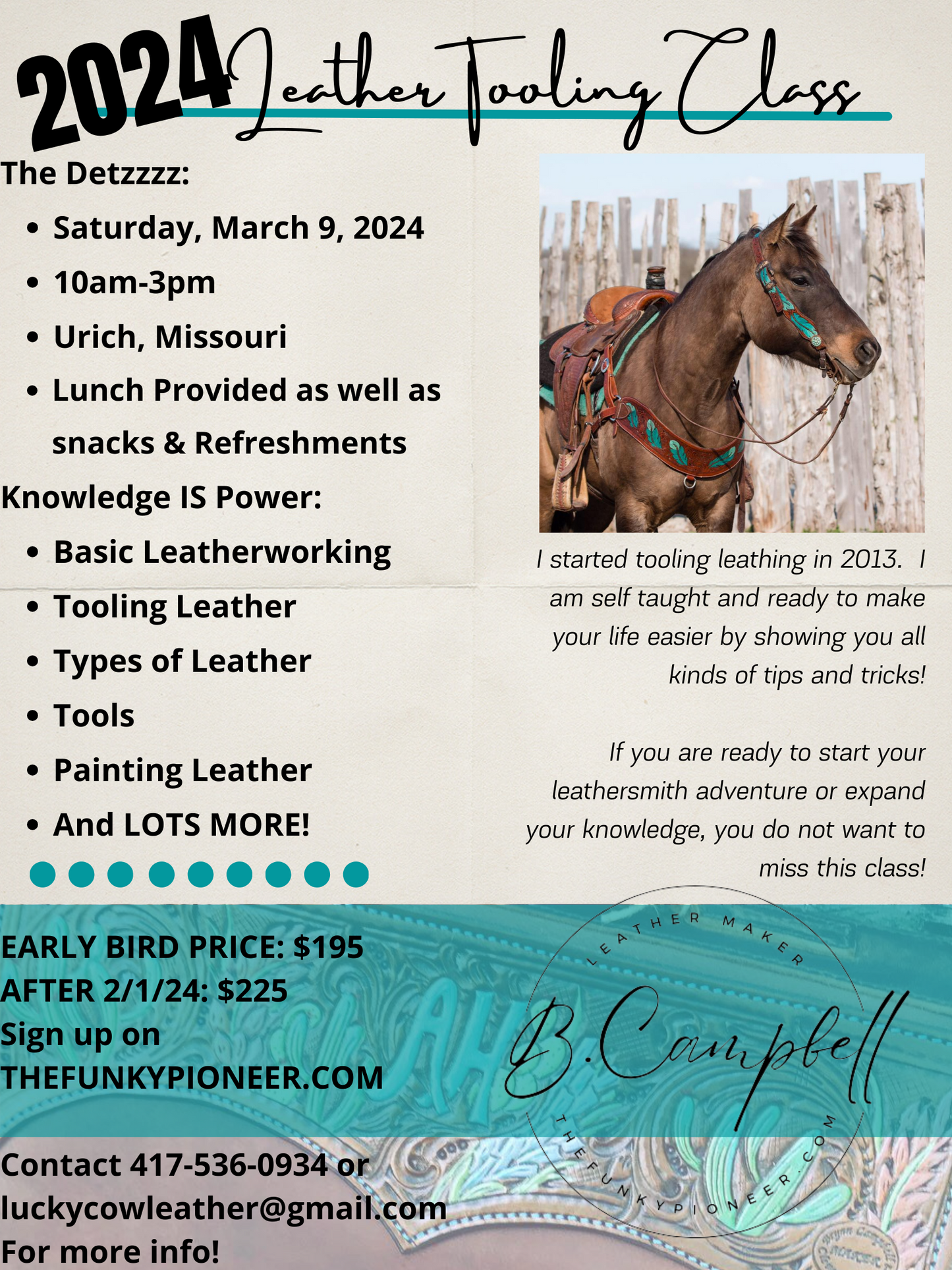 2024 Leather Tooling Class March 9, 2024